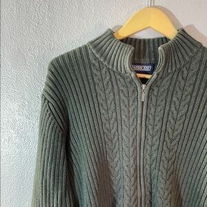 Lands End Mens XL Mock Neck Sweater Green Zip Rib Knit Pullover Cotton Blend